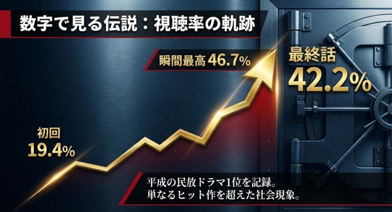 半沢直樹第1期の視聴率記録。初回19.4%から最終話42.2%（瞬間最高46.7%）への推移。平成民放ドラマ1位の社会現象。