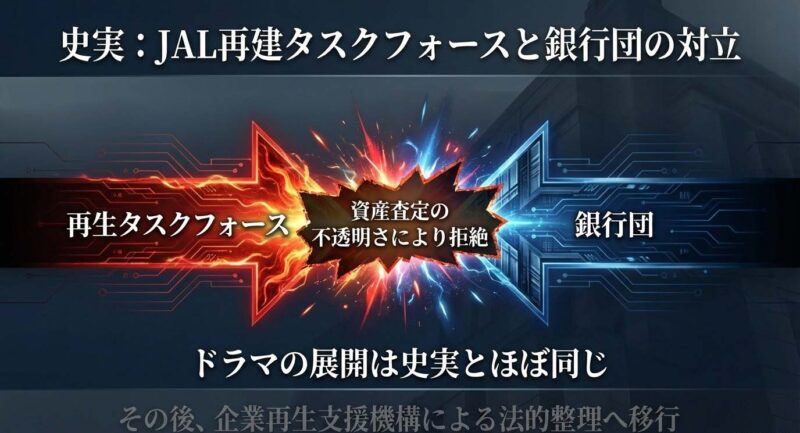JAL再建におけるタスクフォースと銀行団の対立の史実。資産査定の不透明さによる拒絶など、ドラマの展開が史実に基づいていることの説明。