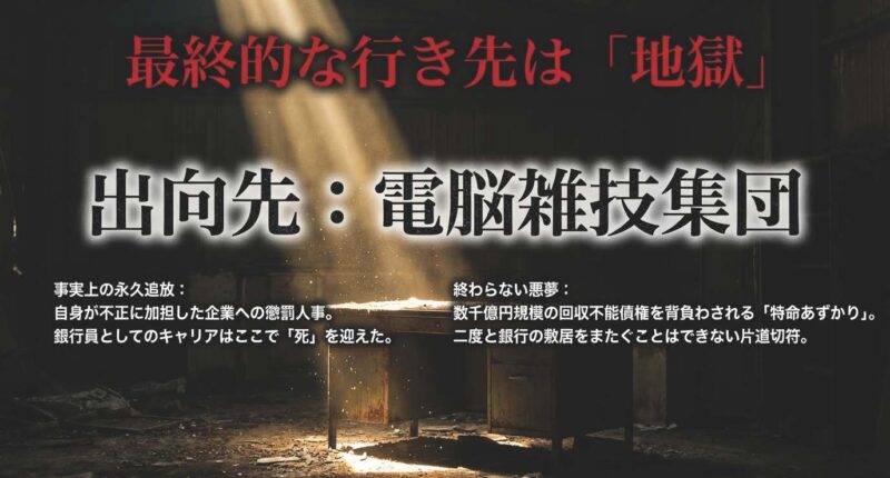 諸田祥一の出向先である電脳雑技集団。事実上の永久追放であり、回収不能債権を背負わされる地獄への片道切符であることを解説。