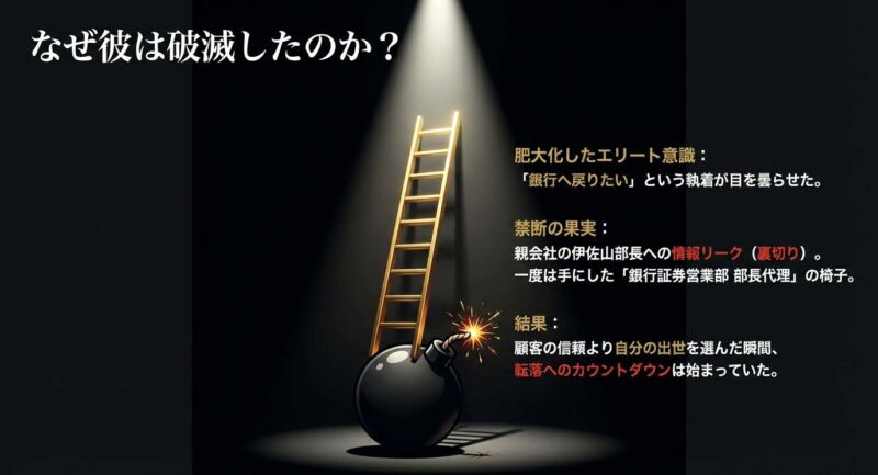 諸田祥一が破滅した理由。肥大化したエリート意識と伊佐山部長への情報リーク、顧客の信頼より出世を選んだ裏切り行為について。