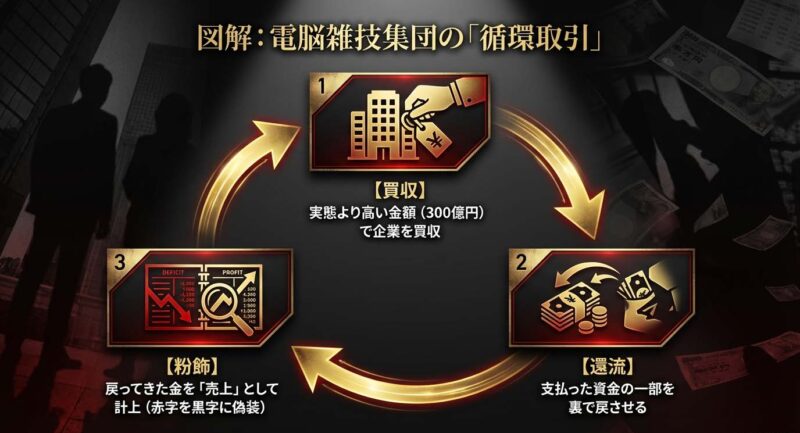 電脳雑技集団による循環取引の図解。実態より高い金額での買収、資金の還流、売上計上による粉飾決算の仕組みを解説。