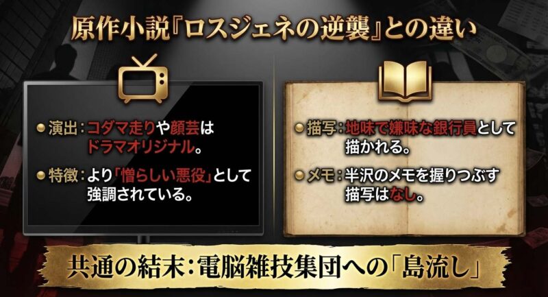 半沢直樹の原作小説『ロスジェネの逆襲』とドラマ版の違い。コダマ走りの有無や、より憎らしい悪役として強調された演出について。