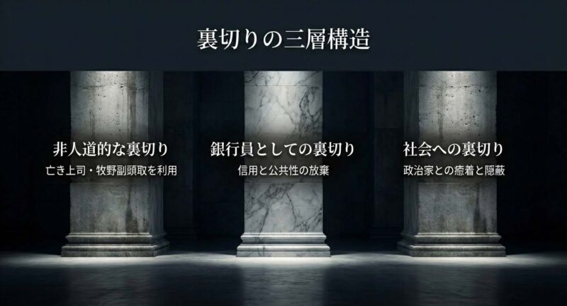 紀本常務の裏切りの三層構造。銀行員としての信用放棄、社会への背信、非人道的な裏切りを体系的に整理した図。