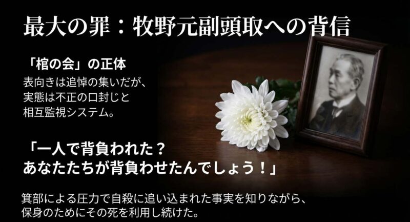 紀本常務による牧野元副頭取への背信行為と、隠蔽組織「棺の会」の正体。自殺に追い込まれた事実を利用した裏切りの構造。