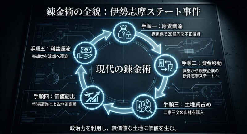 伊勢志摩ステート事件における錬金術スキームの全貌。原資調達から空港誘致による価値創出、利益還流までの5つの手順をフローチャートで解説。