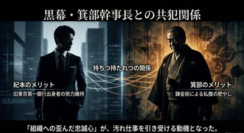 箕部幹事長と紀本常務の共犯関係図。旧東京第一銀行の勢力維持と錬金術による利益還流という、持ちつ持たれつのメリットを解説。