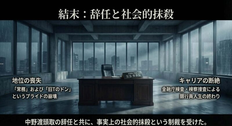 紀本常務の最後となる辞任と社会的抹殺。常務という地位とプライドの崩壊、銀行員キャリアの完全な断絶について。