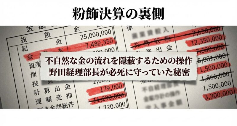 決算書上の数字を操作し、不自然な資金の移動を隠蔽していた粉飾決算の詳細データ。