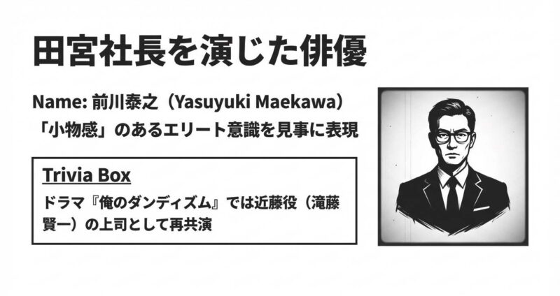 エリート意識と小物感を見事に表現した、田宮社長役の俳優・前川泰之のイラストイメージ。