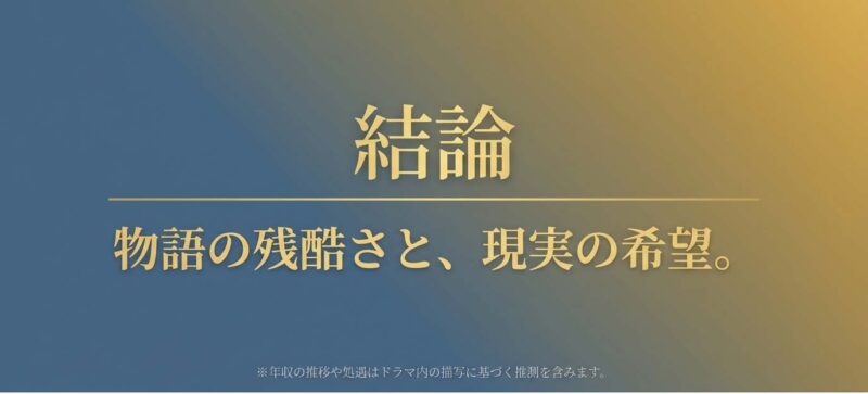 物語上の残酷な結末と、現実世界での俳優の成功という希望を総括した結論スライド。