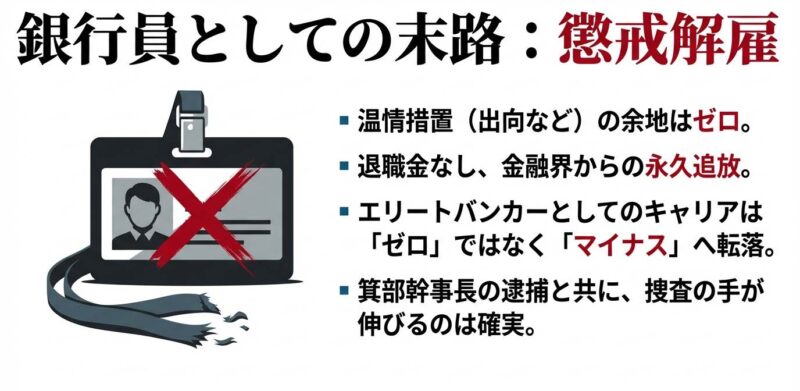 温情措置なし、退職金なし、金融界からの永久追放など、懲戒解雇によって紀本常務が失うものの詳細リスト。