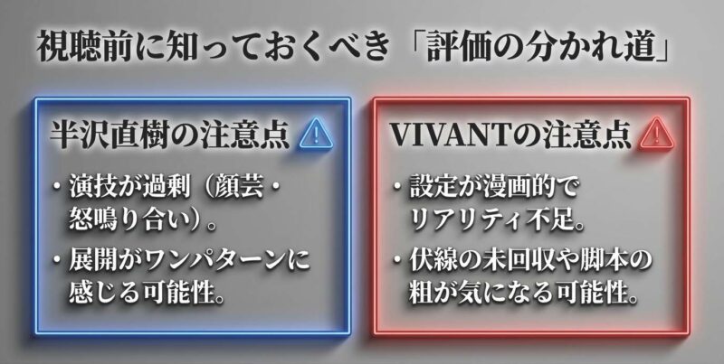 半沢直樹の演技過剰さとVIVANTのリアリティ不足という視聴前の注意点比較