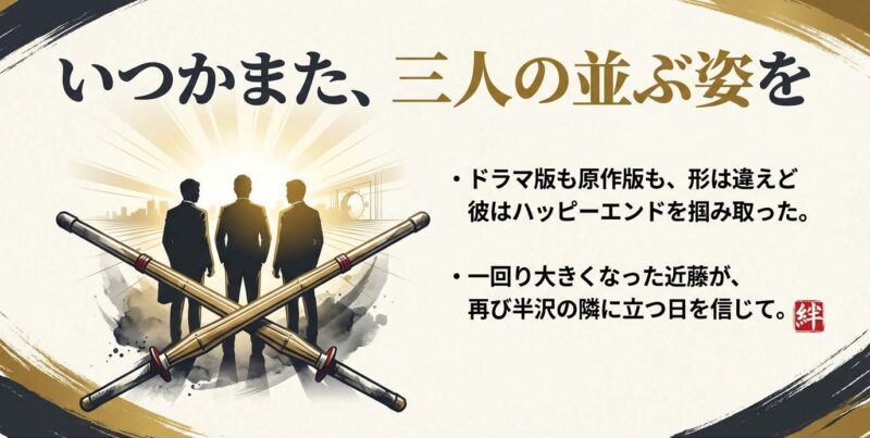 半沢・渡真利・近藤の同期3人が再び並ぶ未来への希望を描いたイラスト