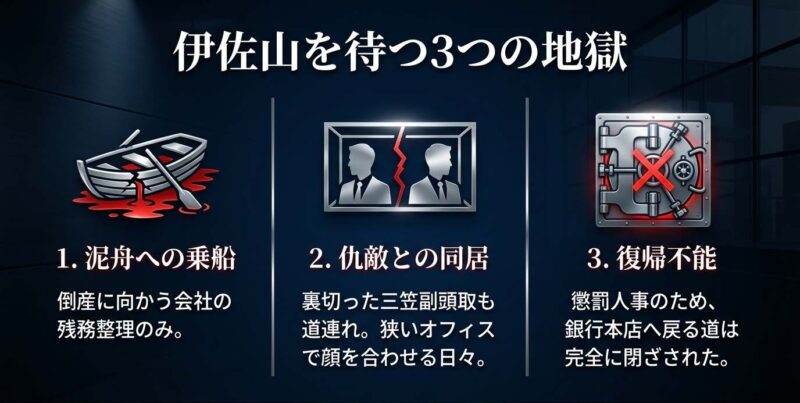 伊佐山を待つ3つの地獄。1.泥舟への乗船、2.仇敵との同居、3.復帰不能（懲罰人事のため銀行本店へ戻る道は閉ざされた）。