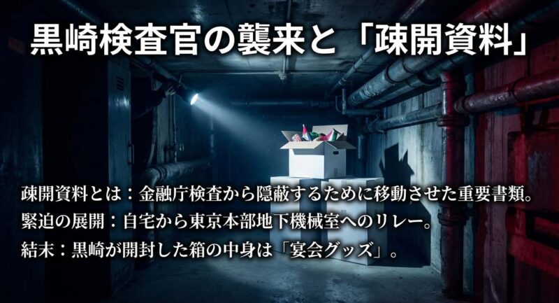 黒崎検査官の襲来と疎開資料の隠蔽劇。金融庁検査から重要書類を移動させる緊迫の展開と、開封された箱の中身（宴会グッズ）の結末。