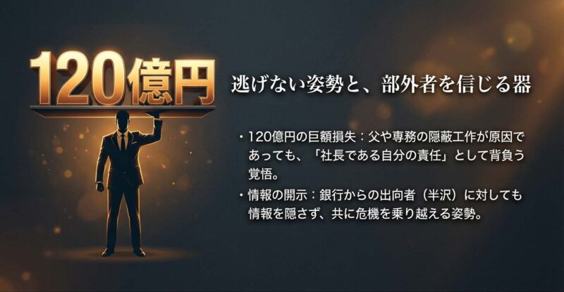 伊勢島ホテルの危機で見せた湯浅社長のリーダーシップ。120億円の損失を自分の責任として背負う覚悟と、部外者である半沢を信じる器の大きさ。