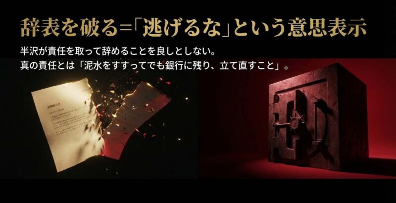 安易に辞めて責任を取ろうとする半沢に対し、銀行に残って泥水をすすってでも立て直せという大和田のメッセージ解説。