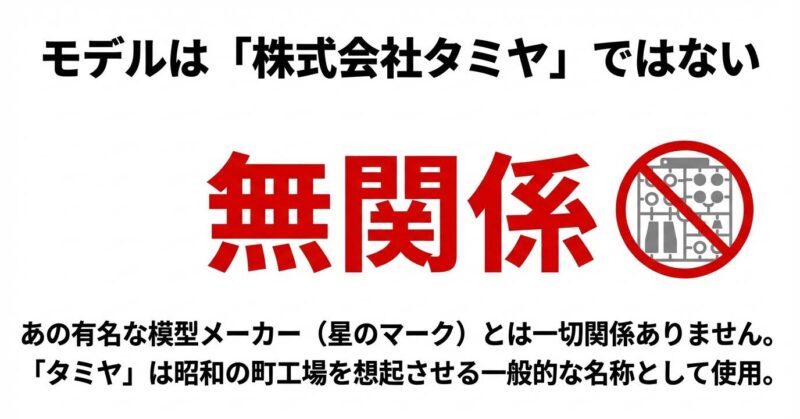 ドラマのタミヤ電機は模型メーカーの株式会社タミヤとは一切関係がないことを強調する注意書き画像。