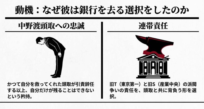 大和田が中野渡頭取への忠誠と連帯責任のために銀行を去った動機の解説