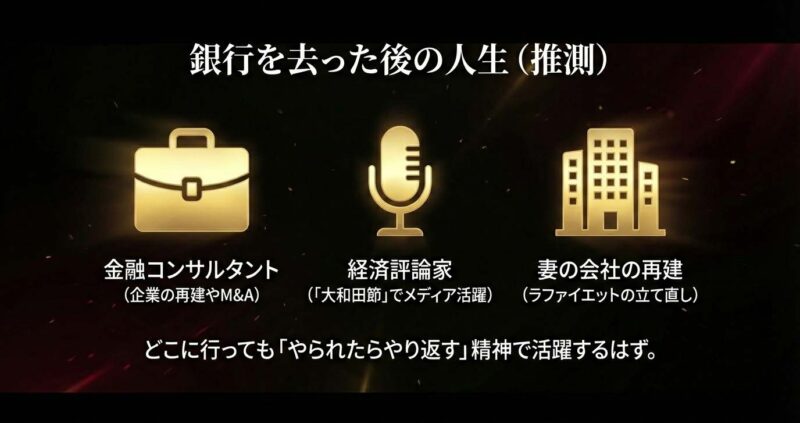 金融コンサルタントや経済評論家、あるいは妻の会社の再建など、退職後の大和田が活躍しそうな進路の推測リスト。