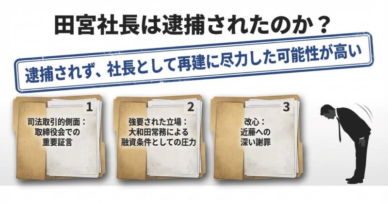 田宮社長が逮捕されず再建に尽力した可能性が高い理由（司法取引、強要された立場、改心）をまとめたリスト。