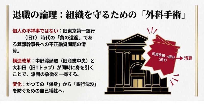 個人の不祥事ではなく、旧東京第一銀行時代の負の遺産を清算し、組織を再生させるために行われた構造改革としての退職理由。