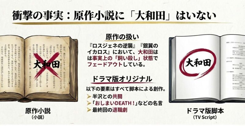 原作ではフェードアウトしている大和田が、ドラマ版では脚本により共闘や名言、退職劇などのオリジナル要素が追加されたことの解説。
