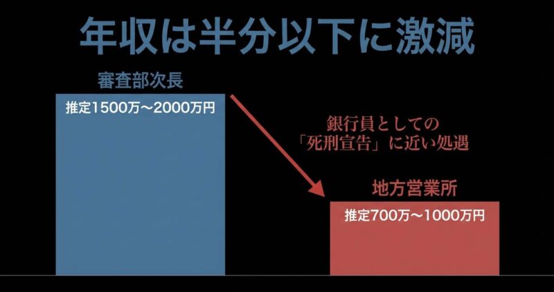 銀行員としての死刑宣告に近い処遇により、年収が推定1500万〜2000万円から700万〜1000万円へ激減するイメージ図。