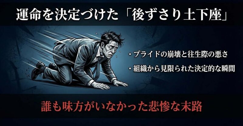 必死の形相で後ずさりしながら土下座をする曽根崎雄也のイラストと、組織から見限られた瞬間についての解説。