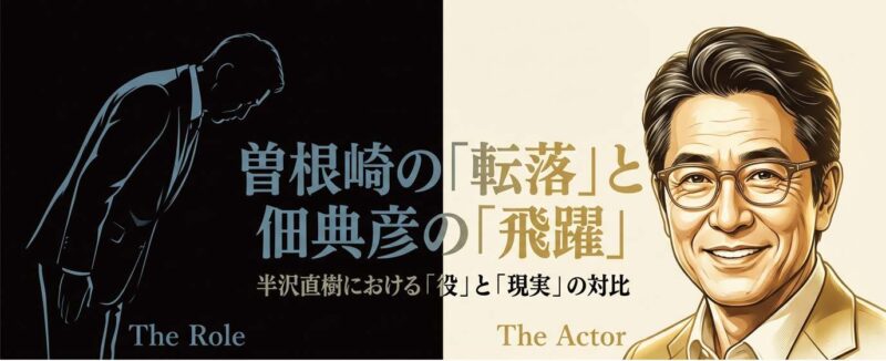 ドラマ『半沢直樹』の曽根崎雄也役のイラストと、役の転落と俳優・佃典彦の飛躍という対比テーマを示したタイトルスライド。
