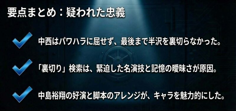 中西はパワハラに屈せず最後まで裏切らなかったこと、中島裕翔の好演などの要点まとめ