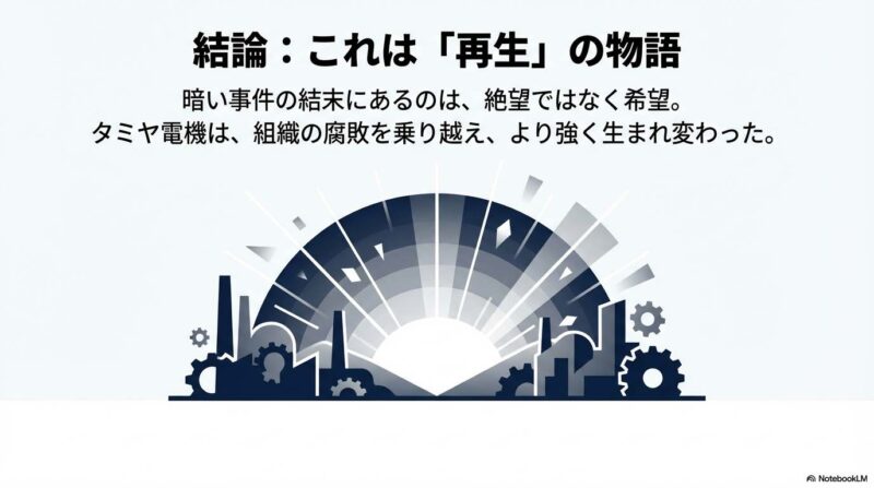 組織の腐敗を乗り越え、より強く生まれ変わったタミヤ電機の「再生」を象徴する夜明けのイラスト。