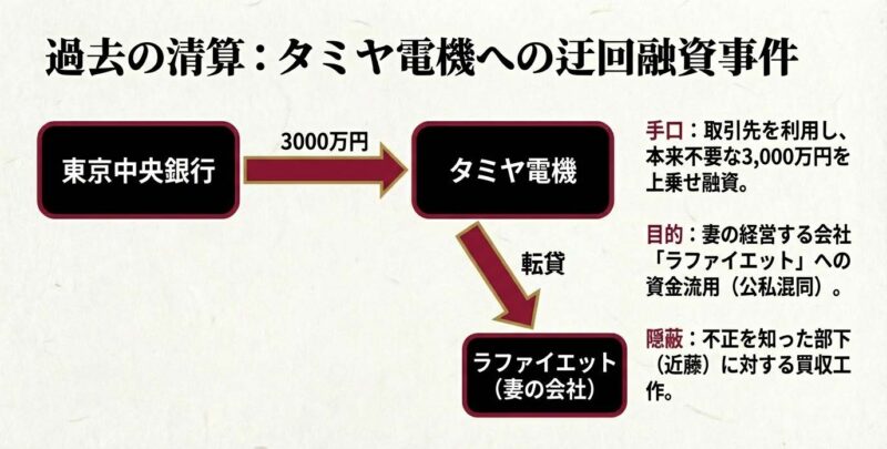 タミヤ電機を利用して3000万円を上乗せ融資し、妻の会社ラファイエットへ資金流用した不正の仕組みを示すチャート。