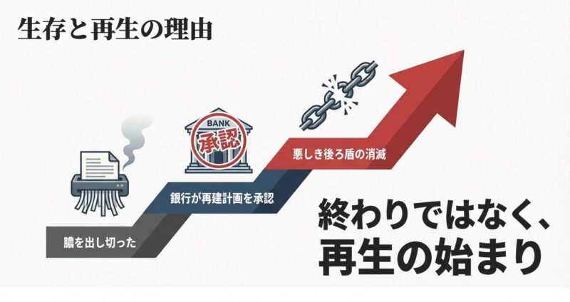 銀行による再建計画の承認と、悪しき後ろ盾の消滅により、終わりではなく再生が始まったことを示す図。
