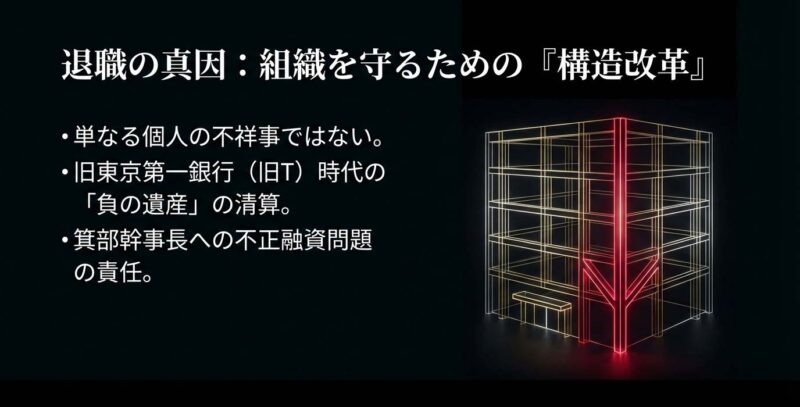 大和田の退職は個人の不祥事ではなく、箕部幹事長への不正融資など旧T時代の負の遺産を清算するための構造改革であることの解説。