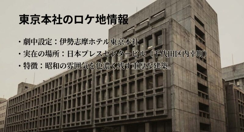 伊勢志摩ホテル東京本社のロケ地となった日本プレスセンタービル。昭和の雰囲気を残す重厚な建築の特徴について。