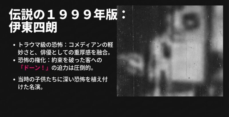 コメディアンの軽妙さと俳優の重厚感を融合させた伊東四朗版喪黒福造