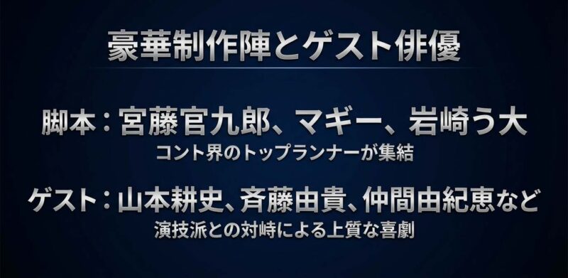 宮藤官九郎やマギーら脚本家と山本耕史ら豪華ゲスト俳優を紹介するスライド