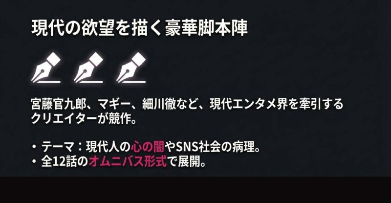 宮藤官九郎やマギーらが描く現代人の心の闇と全12話の構成について