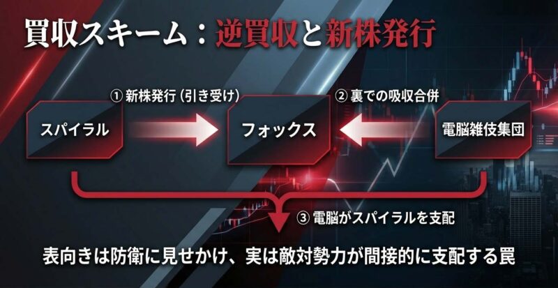 スライド資料：買収スキームの図解。スパイラルの新株発行、フォックスの引き受け、そして電脳による裏での支配構造。
