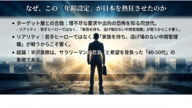 半沢直樹の40代から50代という年齢設定が同世代のサラリーマン層の共感を呼び、社会現象となった理由