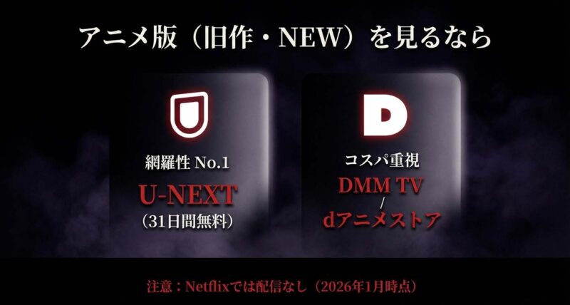 アニメ版(旧作・NEW)を見るなら網羅性No.1のU-NEXTか、コスパ重視のDMM TV・dアニメストア。Netflixでは配信なし