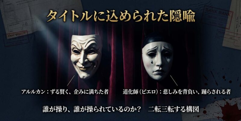 「アルルカン（ずる賢い企みをする者）」と「道化師（悲しみを背負い踊らされる者）」という対比を用い、物語の中で誰が操り誰が操られているのかというミステリー構造を解説したスライド。