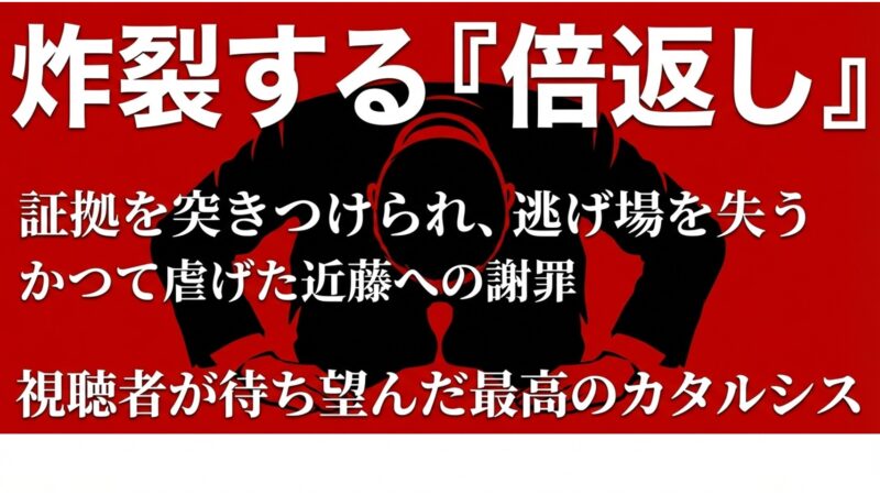 証拠を突きつけられて逃げ場を失い、かつて虐げた近藤への謝罪を余儀なくされる、視聴者が待ち望んだ最高のカタルシス