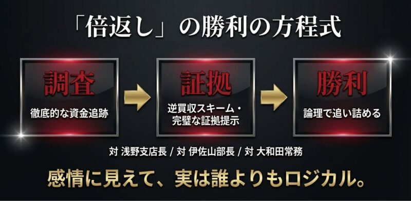 調査・証拠・論理・勝利という倍返しのプロセス図解