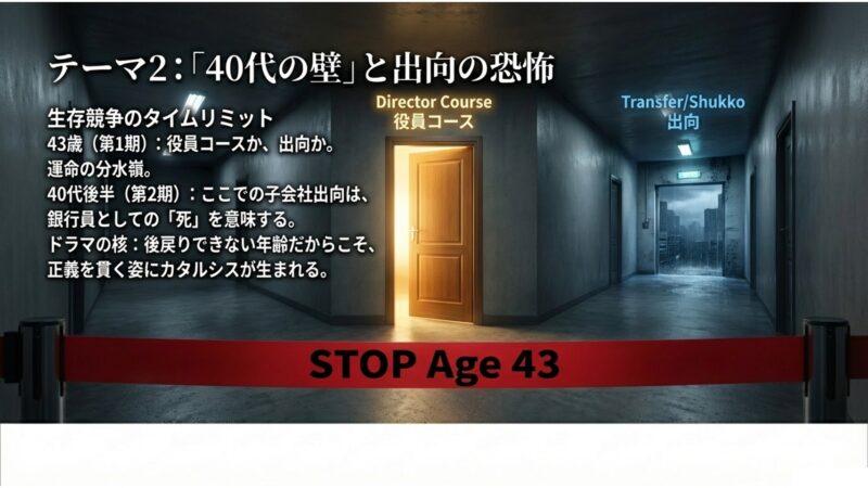 半沢直樹が直面した43歳の役員コースの分水嶺と、40代後半での出向の恐怖を示す図解