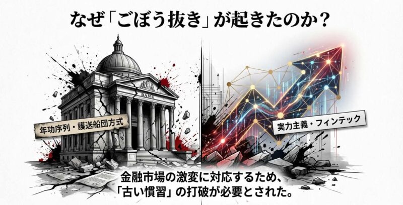 年功序列・護送船団方式の崩壊と、実力主義・フィンテックへの対応が求められる銀行業界の変化