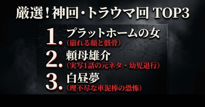 1位プラットホームの女、2位頼母雄介(実写1話元ネタ・幼児退行)、3位白昼夢(理不尽な車泥棒の恐怖)