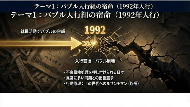 バブル崩壊直後に入行した1992年組が抱える出世競争や上の世代へのルサンチマンの解説