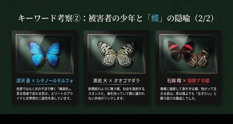 被害者の少年たちと蝶の種類の意味考察その2。深沢蒼（レテノールモルフォ）の構造色による二面性、黒岩大（オオゴマダラ）の社会風刺、石岡翔（擬態する蝶）の弱さと生存本能について。
